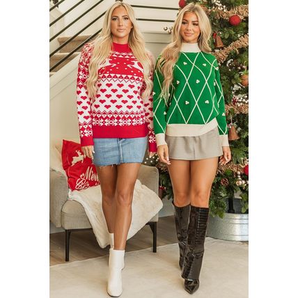 Fiery Red Merry Christmas Reindeer Heart Pattern High Neck Sweater