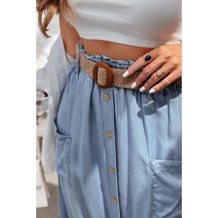 Beau Blue Buttoned Front High Waist Side Pockets Denim Maxi Skirt