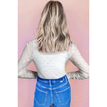White Mesh Bow Pattern Long Sleeve Top
