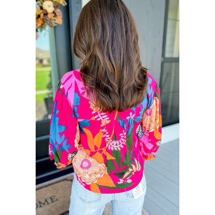 Rose Blooming Flower Print Ruffled Puff Sleeve Blouse