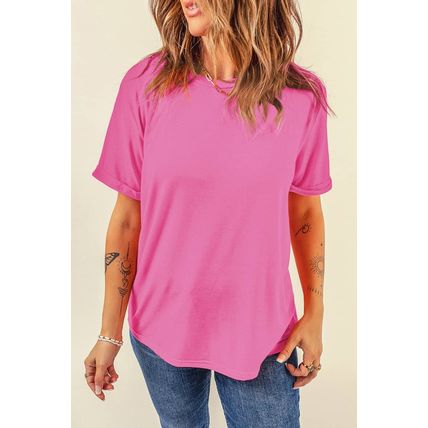 Sachet Pink Bright Casual Plain Crew Neck Tee