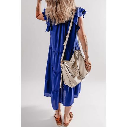 Bluing Ruffled Short Sleeve Collared V Neck Tiered Midi Dress