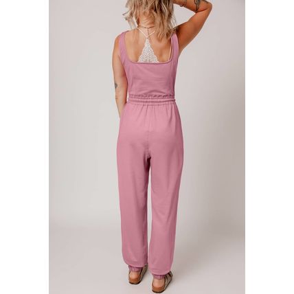 Light Pink Lace-up Elastic Waist Sleeveless Square Neck Jumpsuit