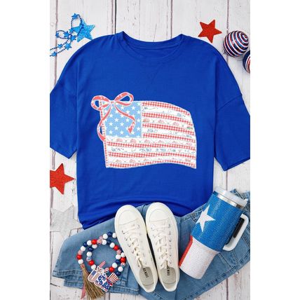 Dark Blue Bowknot Floral American Flag Print Side Slit 4th July T Shirt