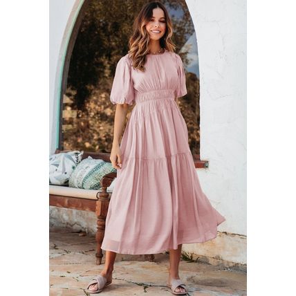 Pink Puff Sleeve Pleated High Waist Flowy Midi Dress