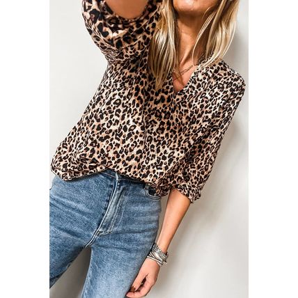 Apricot Leopard V Neck Half Sleeve Blouse
