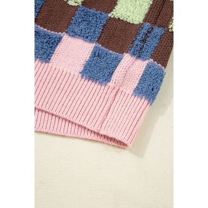 Multicolour Plush Checkered Pattern Button Front Cardigan Sweater