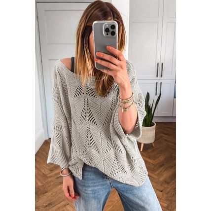 Seagrass Hollow Out Knit 7/8 Sleeve Casual Sweater