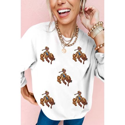 White Sequin Rodeo Patched Drop Shoulder Sweatshirt