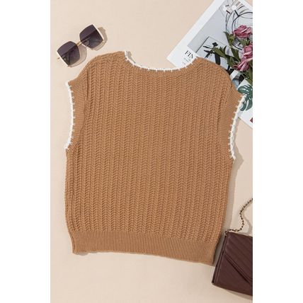 Camel Contrast Trim Boxy Fit Knit Short Sleeve Sweater Top