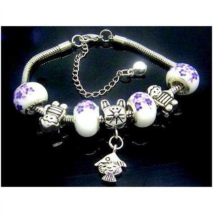 Sale Blue Floral European Beads Charm Silver Tone Bracelet Bangle Jewellery 554