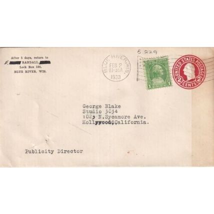 Blue River Wisconsin-Hollywood CAL Cover typed United States 1933