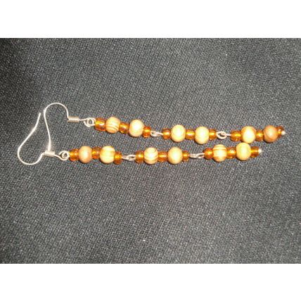 Handmade 80mm 3 section orange glass & wood earrings different NEW