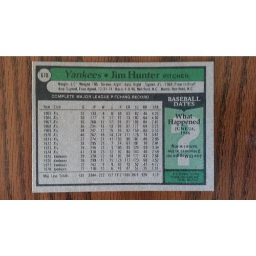 1979 Topps Card # 670 Jim Hunter Excellent (5) New York Yankees