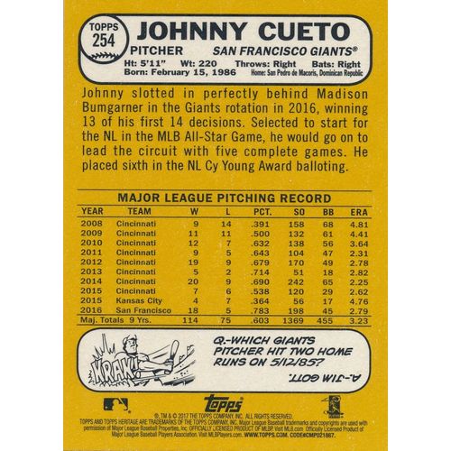 2017 Topps Heritage Baseball 254 Johnny Cueto San Francisco Giants