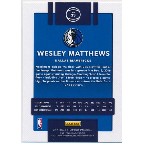 2017-18 Donruss 33 Wesley Matthews Dallas Mavericks