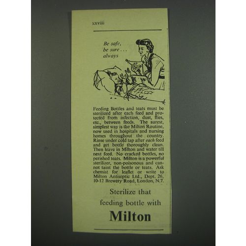 1949 Milton Baby Bottle Sterilization Ad - be safe, be sure.. Always