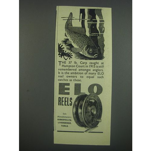 1949 Elo Fishing Reels Ad - the 37 lb. Carp caught at Hampton Court in 1915