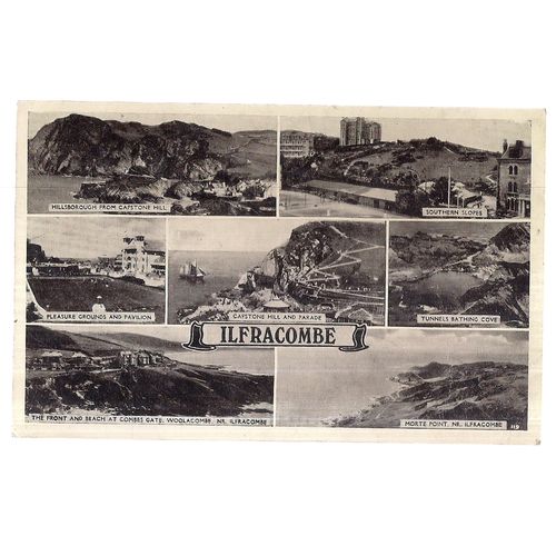 multiview, ILFRACOMBE, DEVON used vintage postcard RP George VI blue stamp =