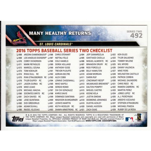 2016 Topps baseball card 492 Yadier Molina / Randal Grichuk - Cardinals