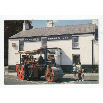 Road Roller outside The Grapes Hotel Wrea Green Postcard Lancashire
