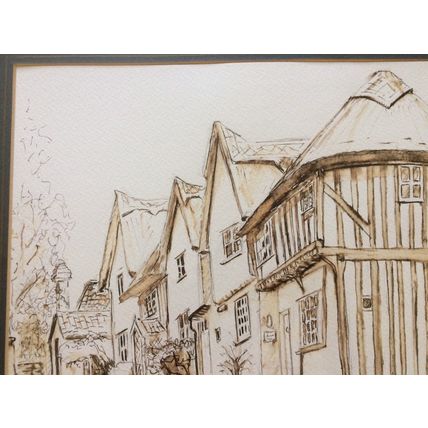 Kersey Cottages Original Pen & Watercolour Painting By Jean G. Mounted & Framed
