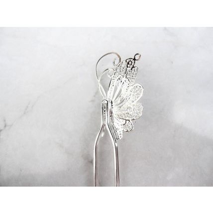 Antique style silver or gold filigree butterfly hair stick pick pin with crystal