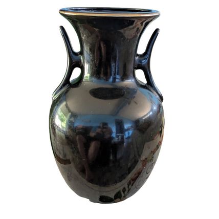 Vintage 8.25" Black Gloss Wagon Flowers Taiwan Asian Design Ceramic Vase Handles