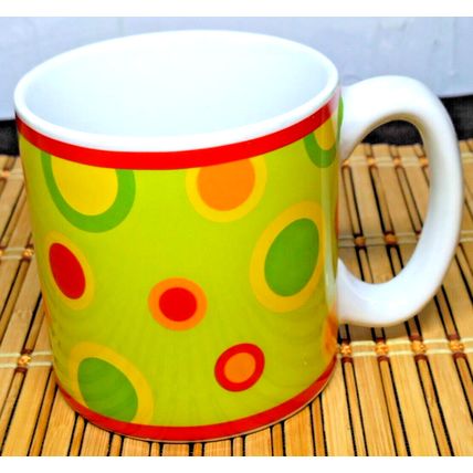 fib Burton & Burton Circles & Dots Coffee Tea Mug Lime Green Yellow Red Easter