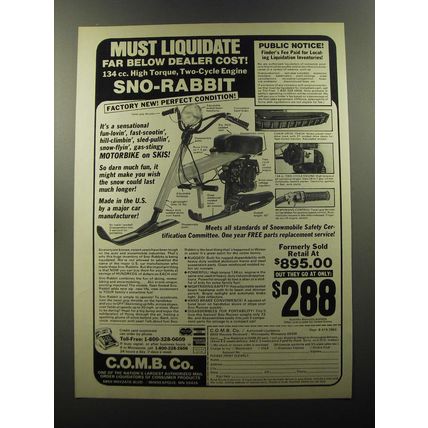 1982 C.O.M.B. Sno-Rabbit Snowmobile Advertisement - Must liquidate