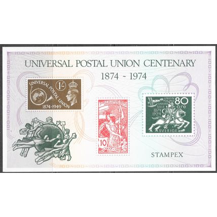 SWIZTERLAND SWEDEN GB UPU STAMPS 1924 1949 1974 EXHIBITION STAMPEX CARD SOUVENIR
