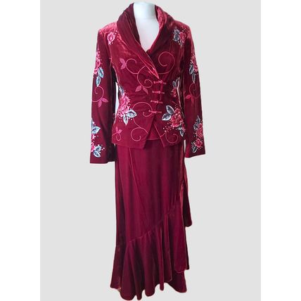 Kaliko red velvet silk suit 3 piece maxi skirt jacket top full length christmas