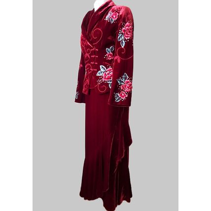 Kaliko red velvet silk suit 3 piece maxi skirt jacket top full length christmas