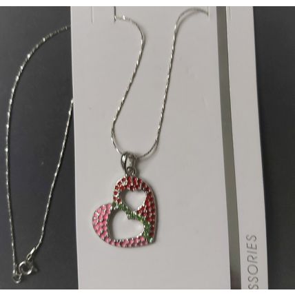 Heart pendant enamel silver colour metal red pink green large necklace chain