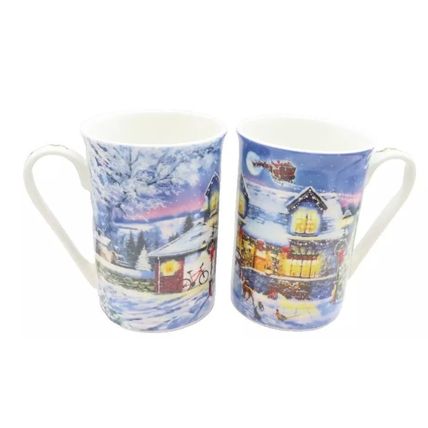 Christmas Scene Mugs & Coaster Set (Set of 2) Ceramic Tableware Festive 10.5 CM