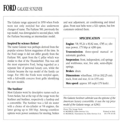 Collectors Club card. Classic Cars. Ford Galaxie Sunliner