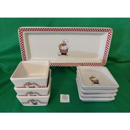 8 PIECE SET PORCELAIN TASTING or DIPPING SET RED CHECKERBOARD CHEF MOTIF