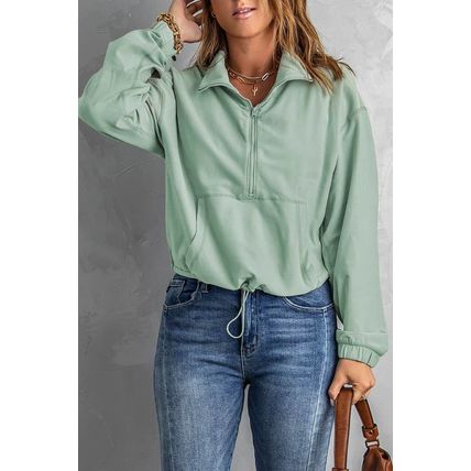 Green Zip Front Pocketed Pullover Sweatshirt
