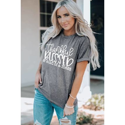 Gray BLESSED Letter Graphic Print Crew Neck T Shirt