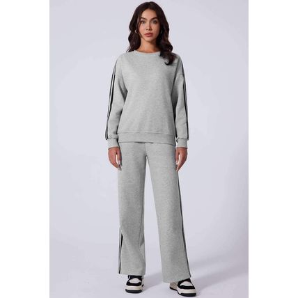 Light Grey Solid Color Side Striped Sweatshirt Active Set