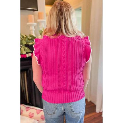 Strawberry Pink Textured Knit Ruffled Mock Neck Sweater Tank