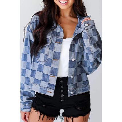 Light Blue Checkered Patchwork Button up Denim Jacket