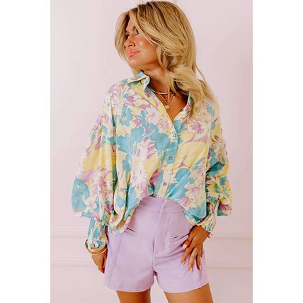 Yellow Floral Allover Print Shirred Cuff Oversized Shirt