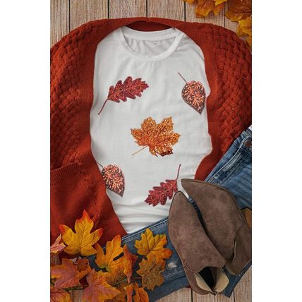 White Halloween Sequined Leaves Graphic Crew Neck T Shirt