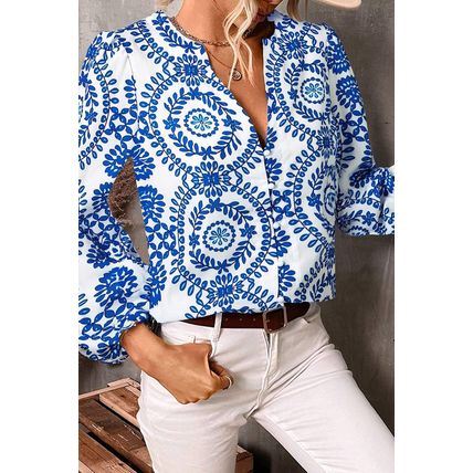 Sky Blue Vintage Geometric Printed Puff Sleeve Slit V Neck Shirt