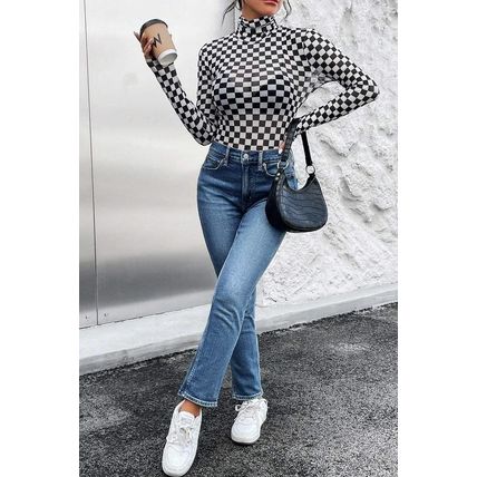 Black Checkered Printed Long Sleeve High Neck Bodysuit