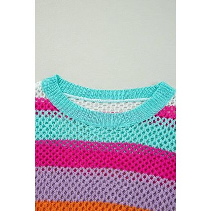 Rose Red Colorblock Patchwork Knit Crochet Eyelet Sweater