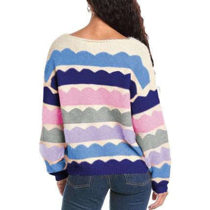 Dark Blue Wave Striped Balloon Sleeve Drop Shoulder Sweater