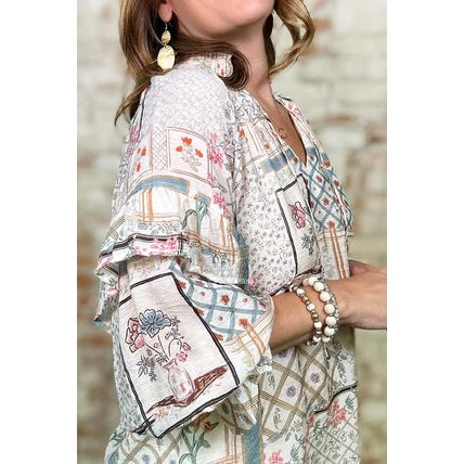 Multicolour Boho Floral Patched Ruffled Sleeve Tied Neck Blouse
