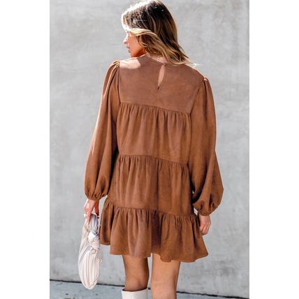 Chestnut Floral Lace Crochet Tiered Ruffled Mini Dress